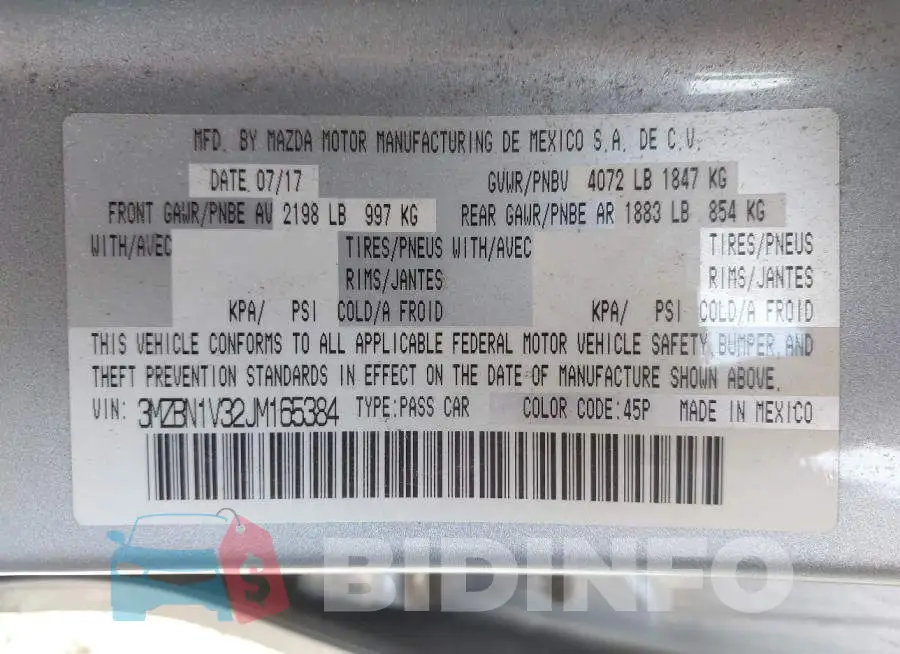 3MZBN1V32JM165384 Photo# 9