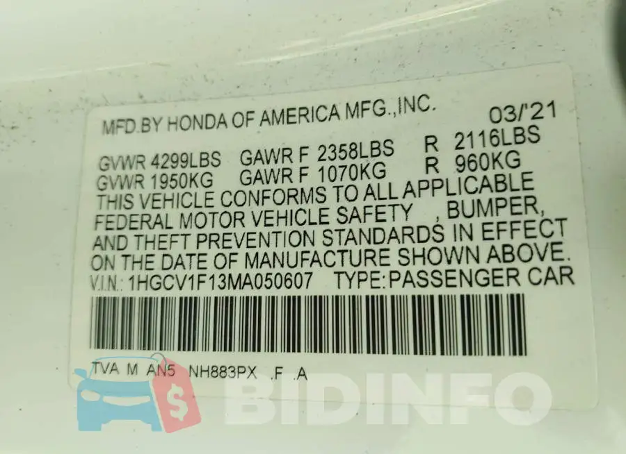 1HGCV1F13MA050607 Photo# 9