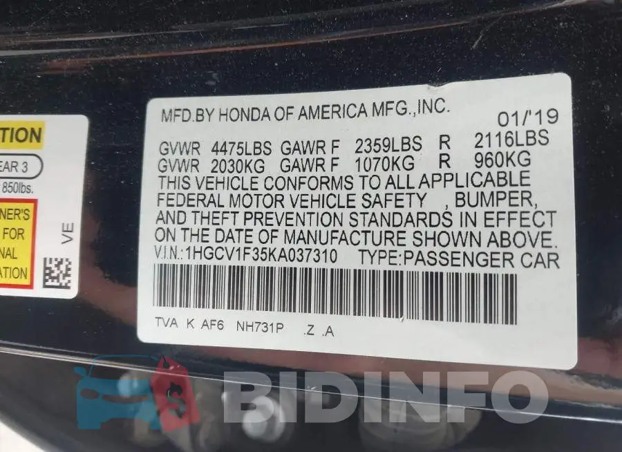 1HGCV1F35KA037310 Photo# 9