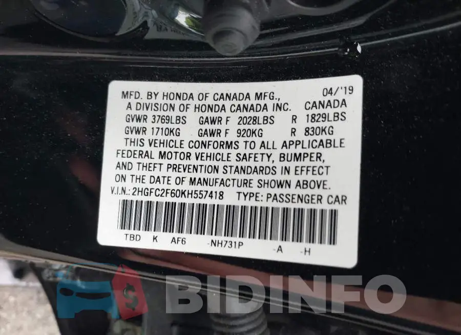 2HGFC2F60KH557418 Photo# 9