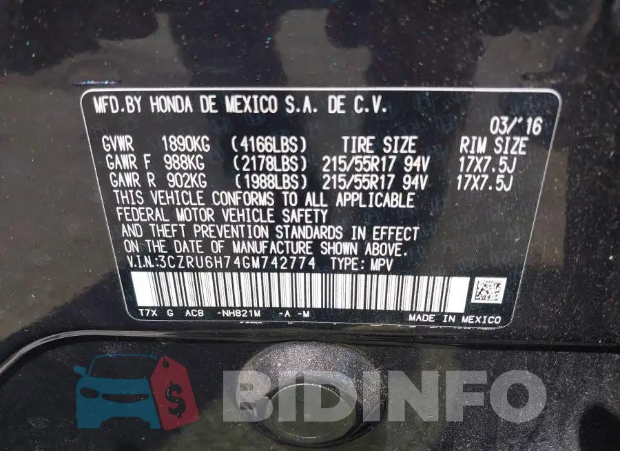 3CZRU6H74GM742774 Photo# 9