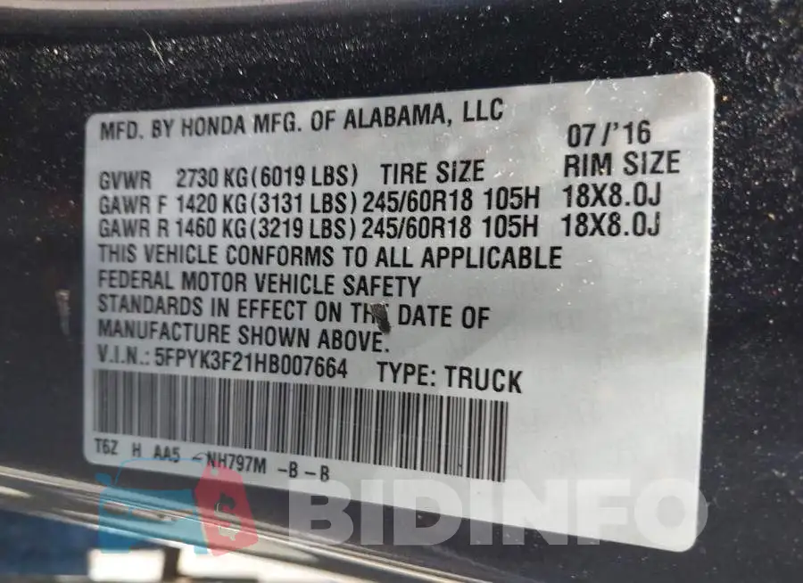 5FPYK3F21HB007664 Photo# 9