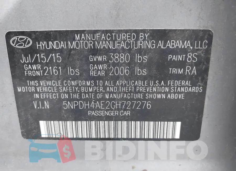 5NPDH4AE2GH727276 Photo# 9