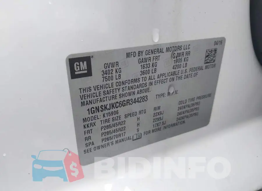 1GNSKJKC6GR344283 Photo# 9