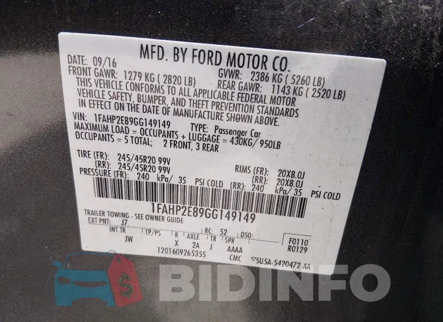 1FAHP2E89GG149149 Photo# 9