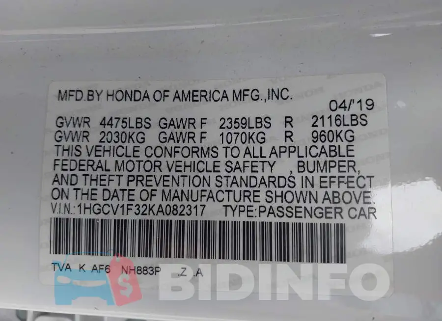 1HGCV1F32KA082317 Photo# 9