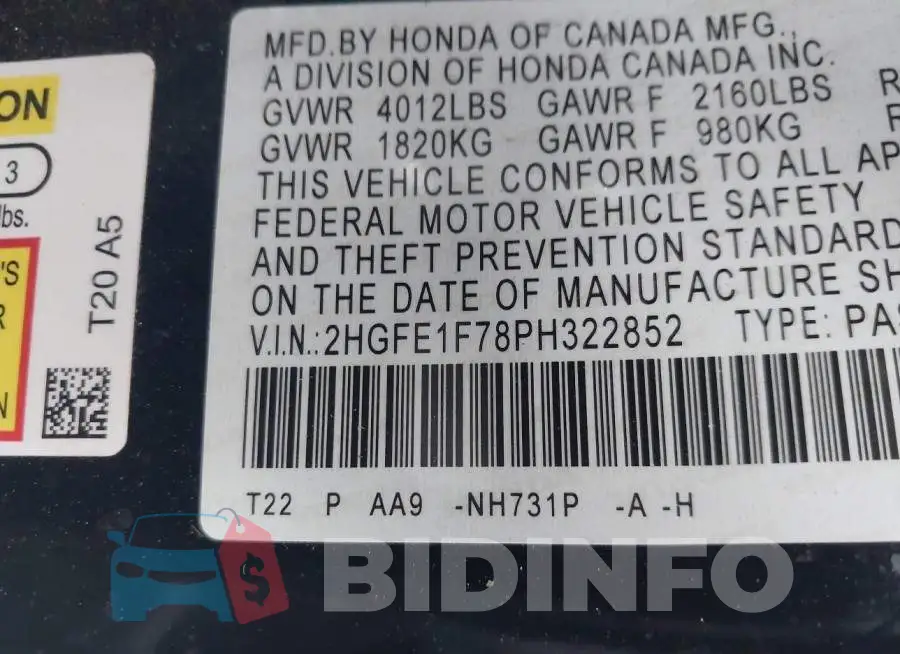 2HGFE1F78PH322852 Photo# 9