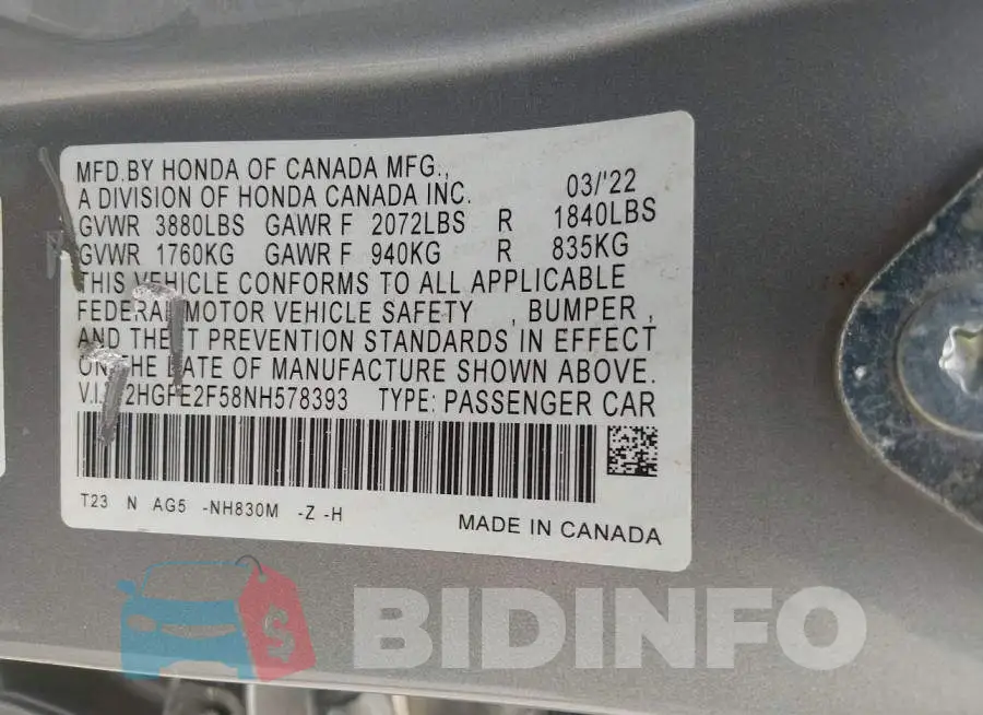 2HGFE2F58NH578393 Photo# 9