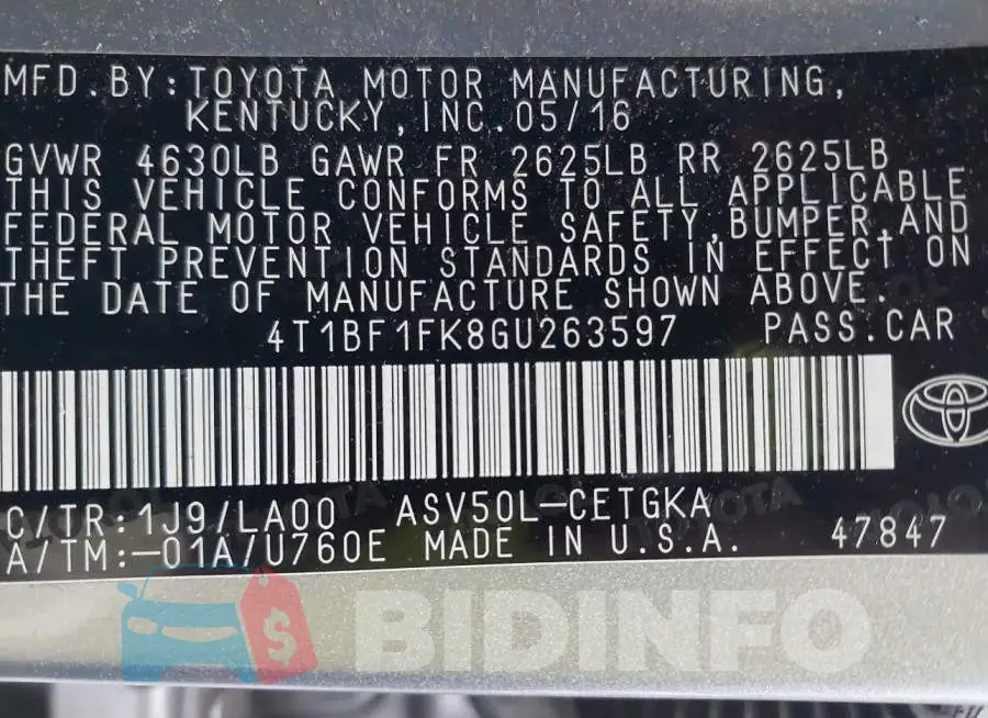 4T1BF1FK8GU263597 Photo# 9