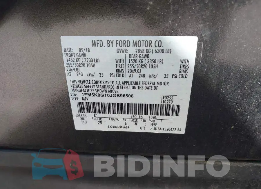 1FM5K8GT0JGB96508 Photo# 9