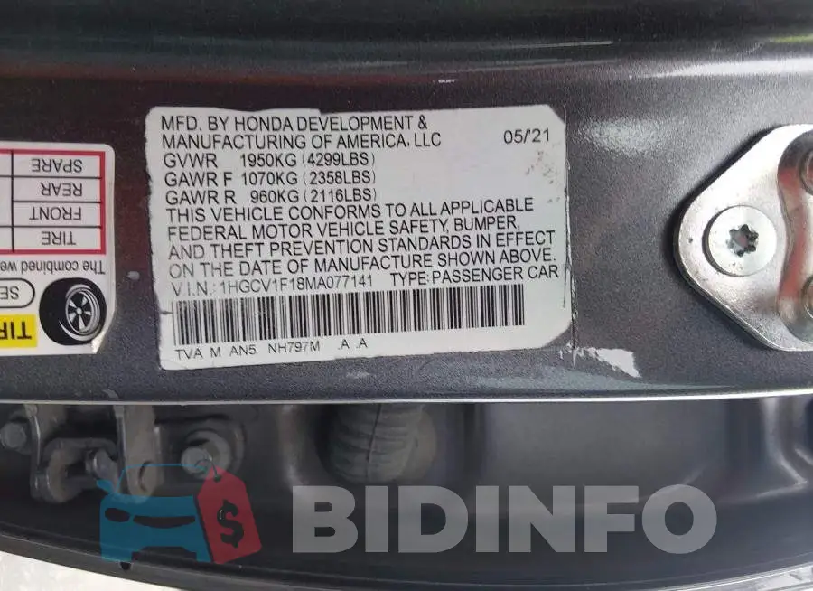 1HGCV1F18MA077141 Photo# 9