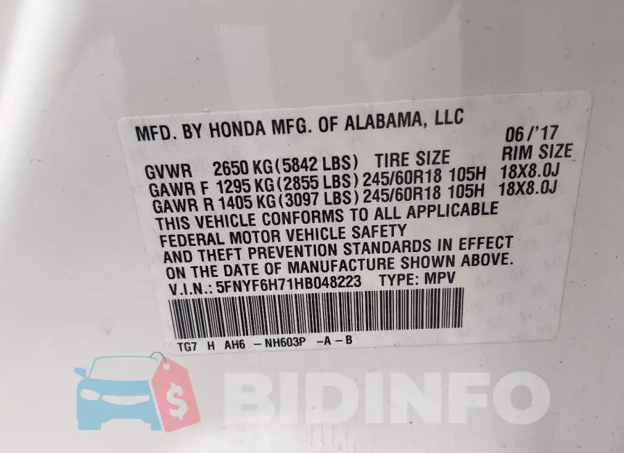 5FNYF6H71HB048223 Photo# 9