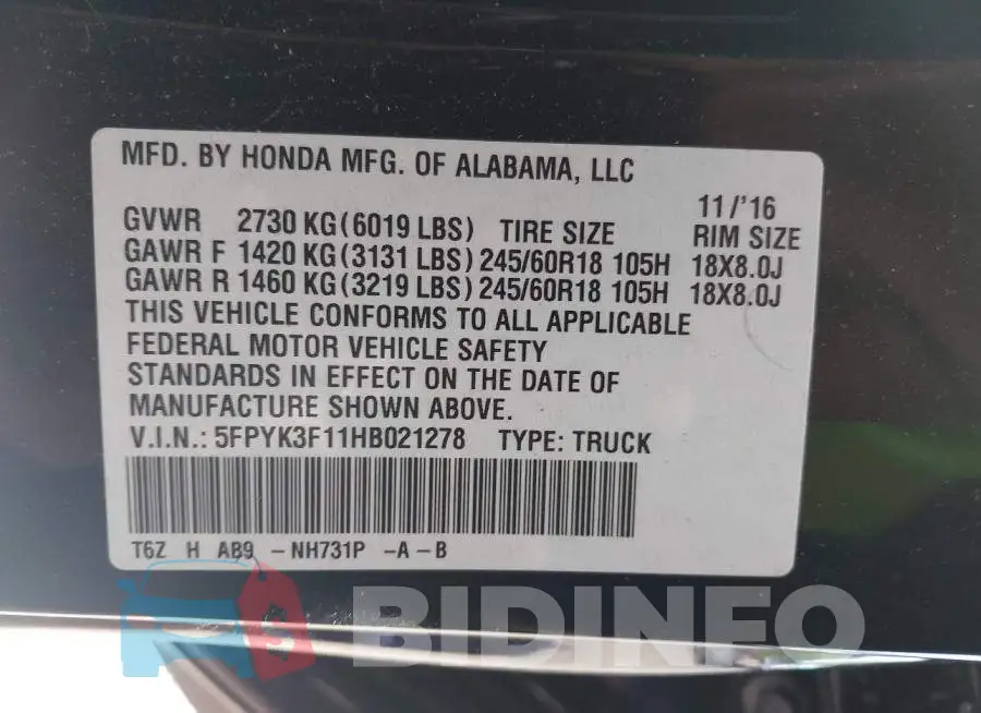 5FPYK3F11HB021278 Photo# 9