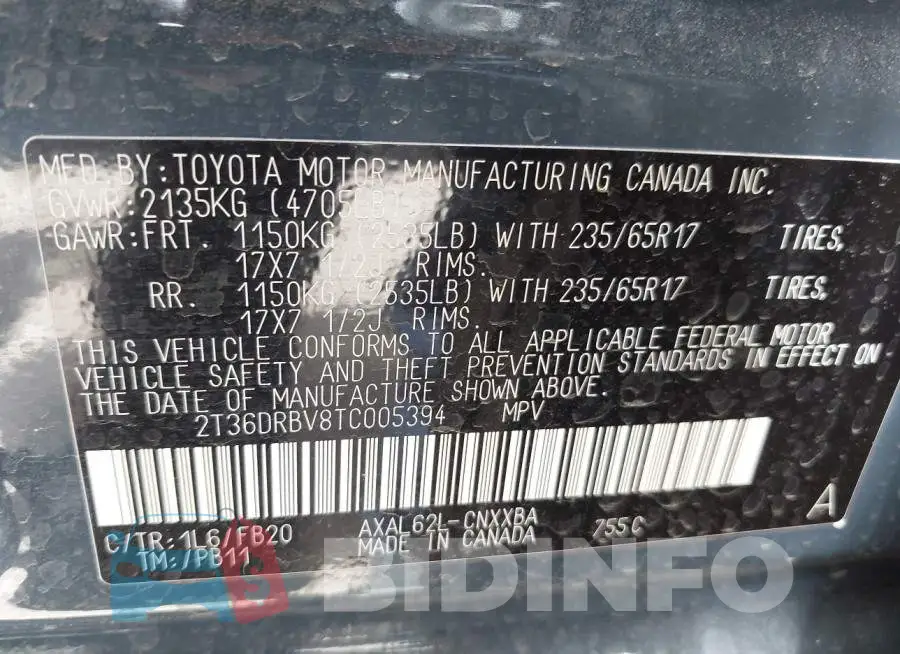 2T36DRBV8TC005394 Photo# 9