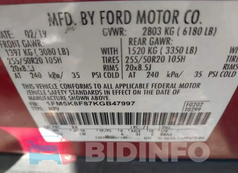 1FM5K8F87KGB47997 Photo# 9