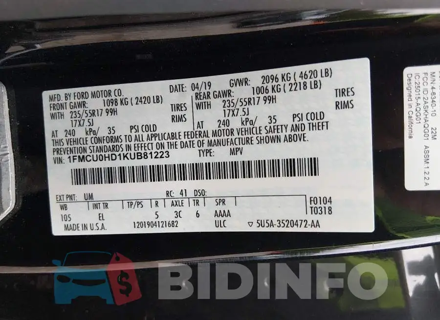1FMCU0HD1KUB81223 Photo# 9