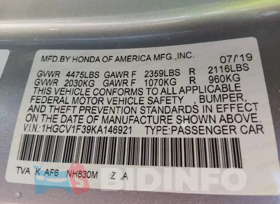 1HGCV1F39KA146921 Photo# 9