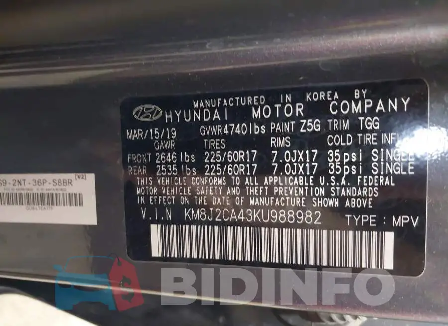 KM8J2CA43KU988982 Photo# 9