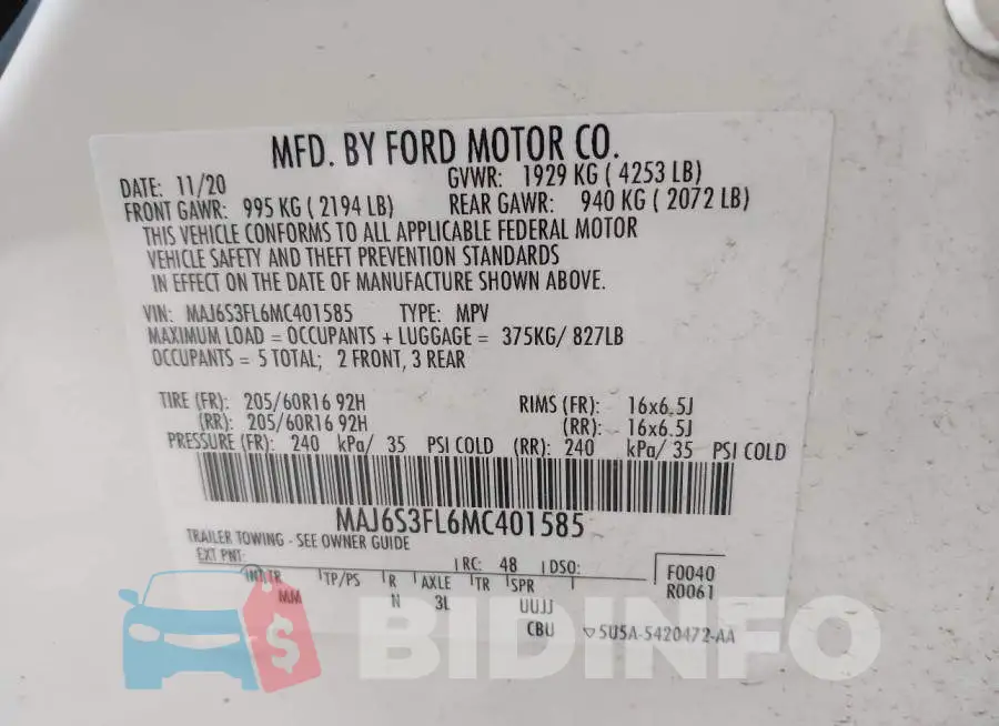 MAJ6S3FL6MC401585 Photo# 9