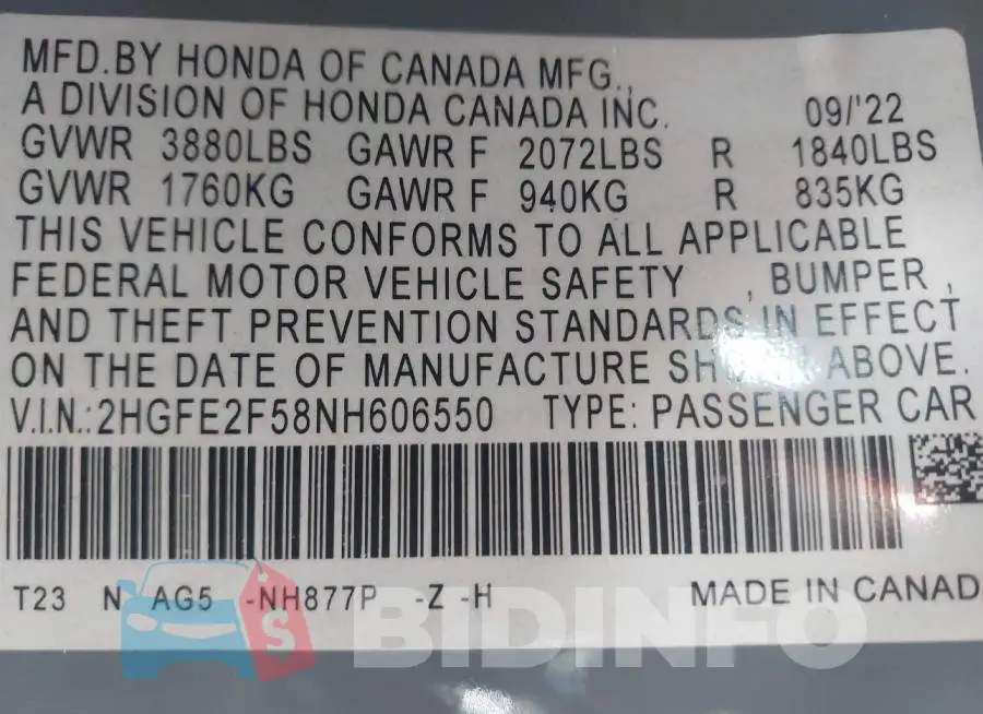 2HGFE2F58NH606550 Photo# 9
