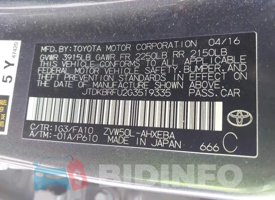 JTDKBRFU2G3519335 Photo# 9