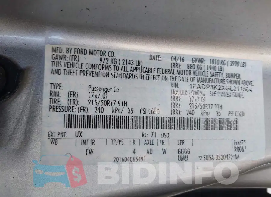 1FADP3K2XGL311804 Photo# 9