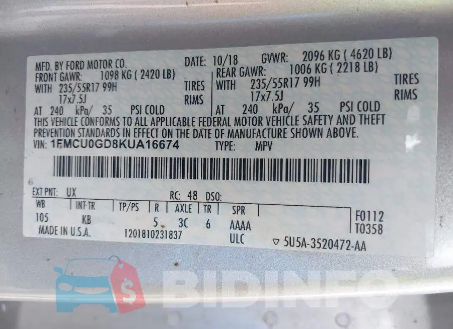 1FMCU0GD8KUA16674 Photo# 9