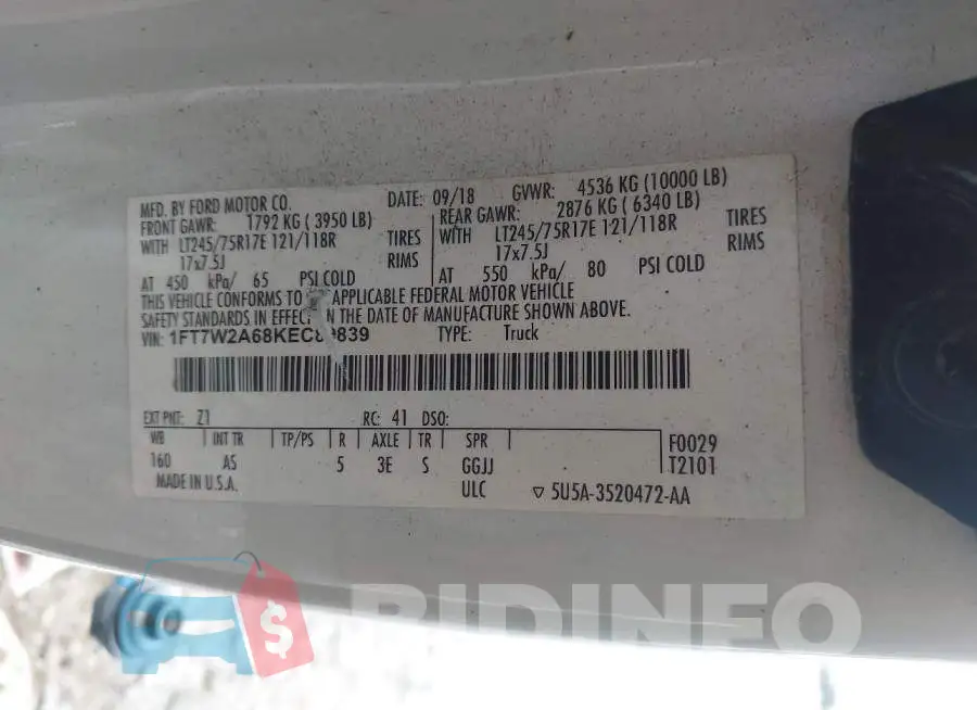1FT7W2A68KEC89839 Photo# 9