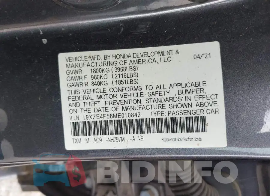 19XZE4F58ME010842 Photo# 9