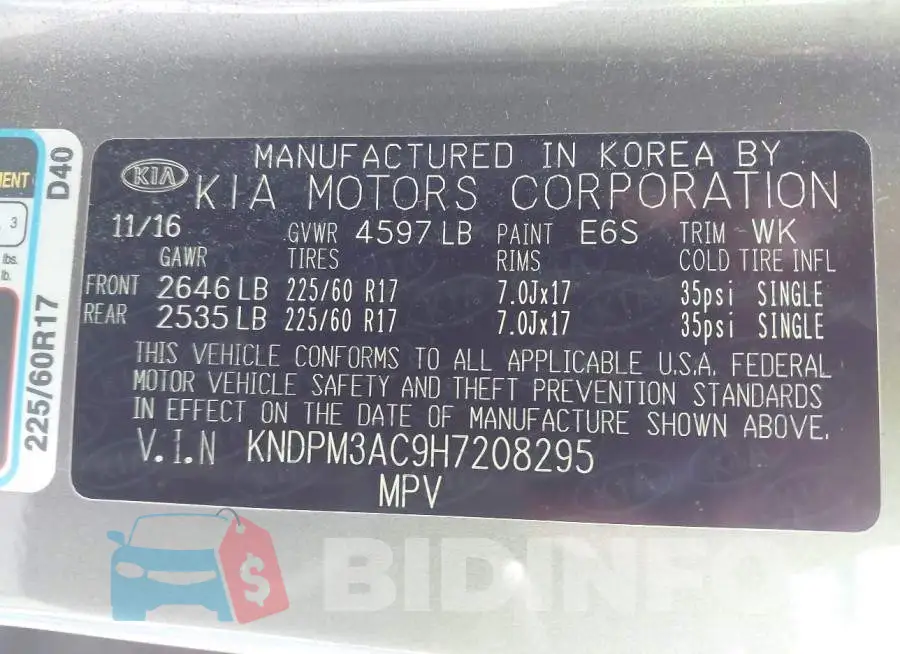 KNDPM3AC9H7208295 Photo# 9