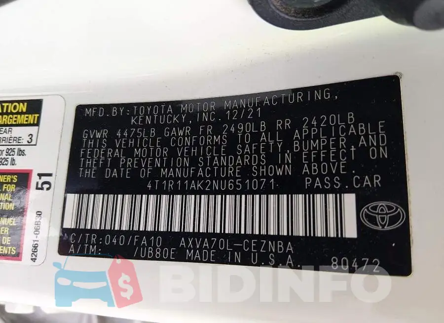 4T1R11AK2NU651071 Photo# 9