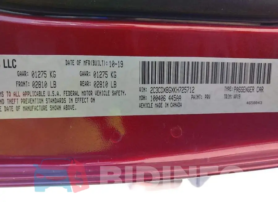 2C3CDXBGXKH725712 Photo# 9
