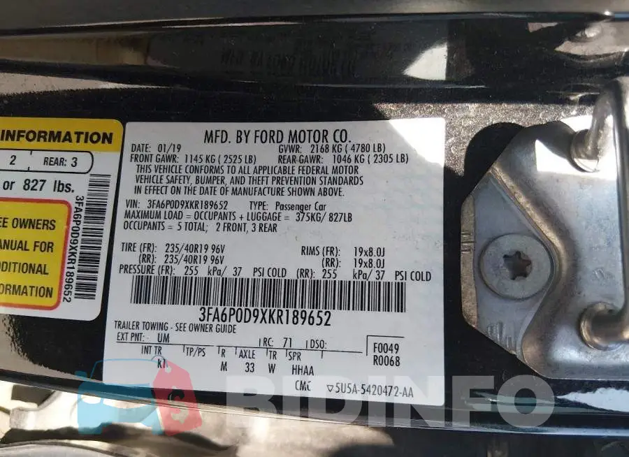 3FA6P0D9XKR189652 Photo# 9