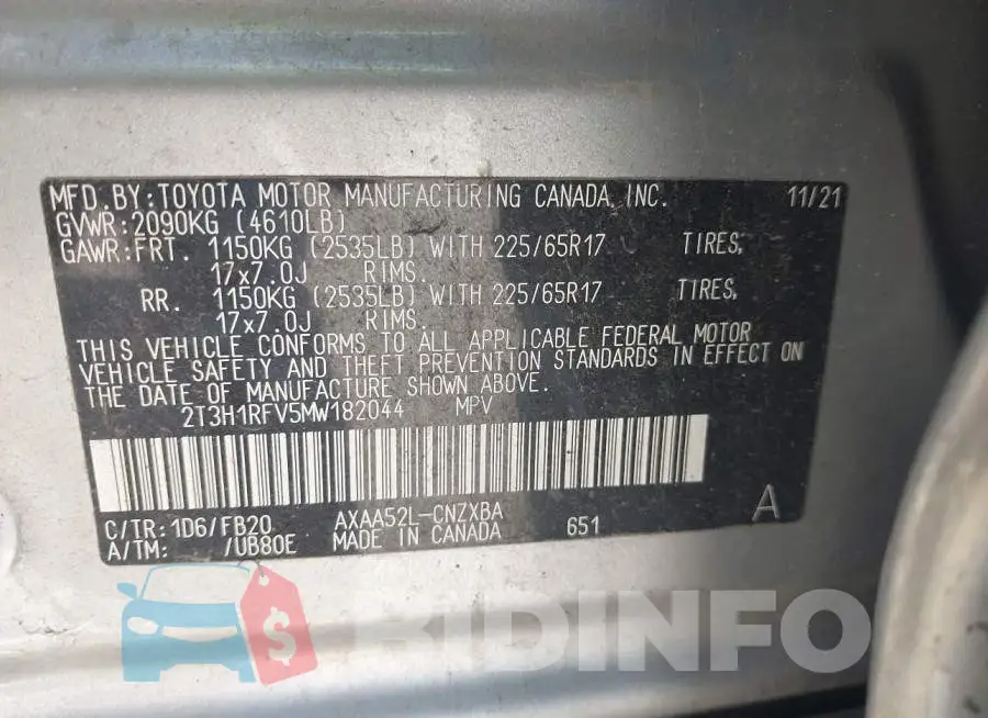 2T3H1RFV5MW182044 Photo# 9