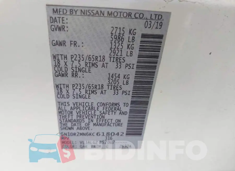 5N1DR2MN6KC618042 Photo# 9