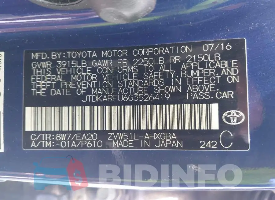 JTDKARFU6G3526419 Photo# 9