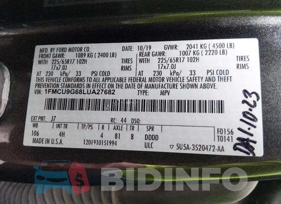 1FMCU9G68LUA27682 Photo# 9