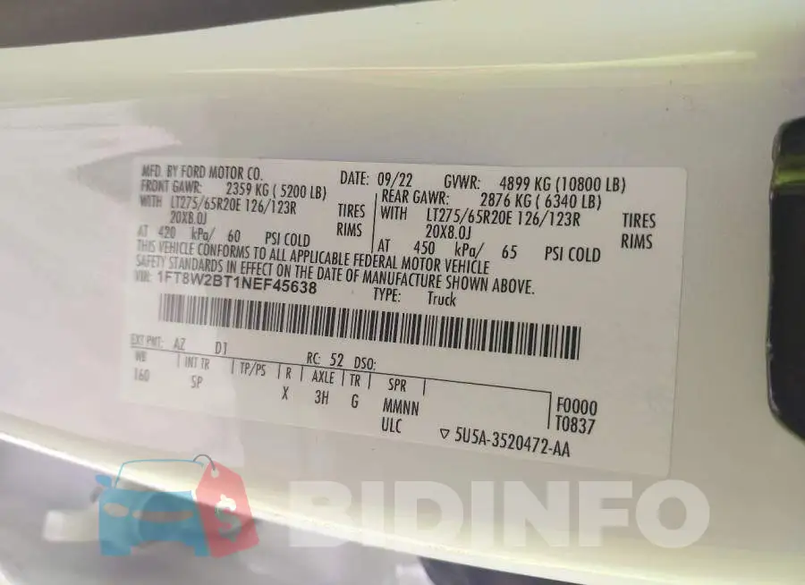 1FT8W2BT1NEF45638 Photo# 8