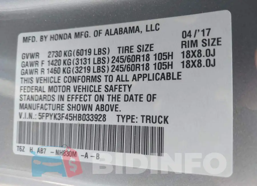5FPYK3F45HB033928 Photo# 9