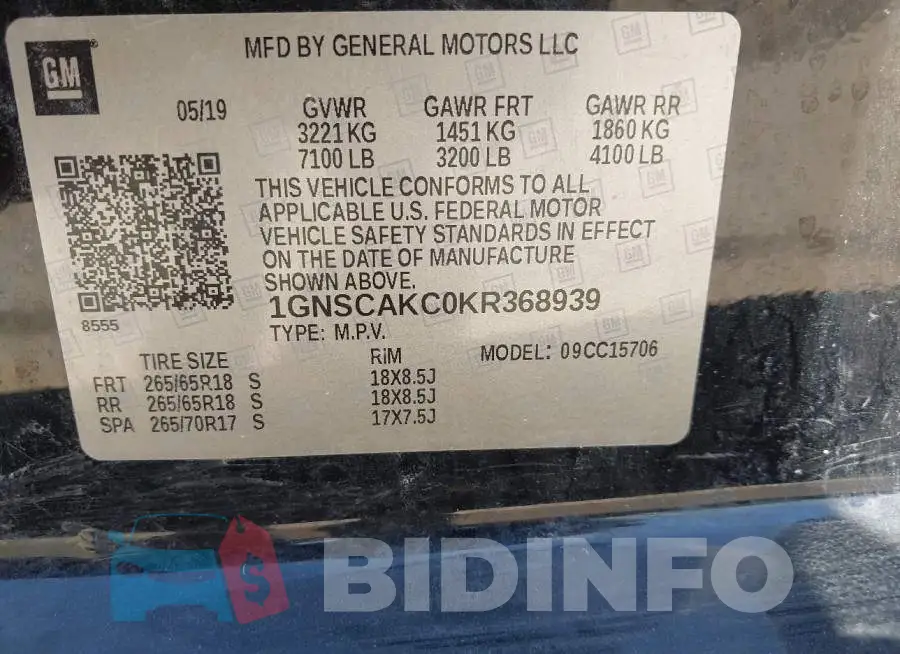1GNSCAKC0KR368939 Photo# 9