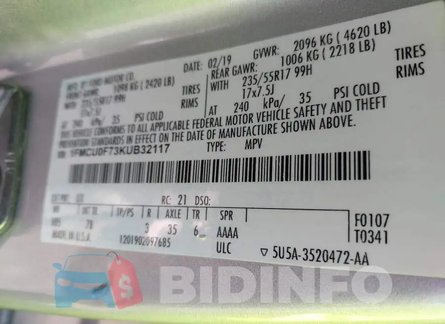 1FMCU0F73KUB32117 Photo# 9