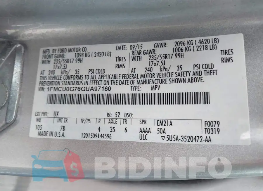 1FMCU0G76GUA97160 Photo# 9
