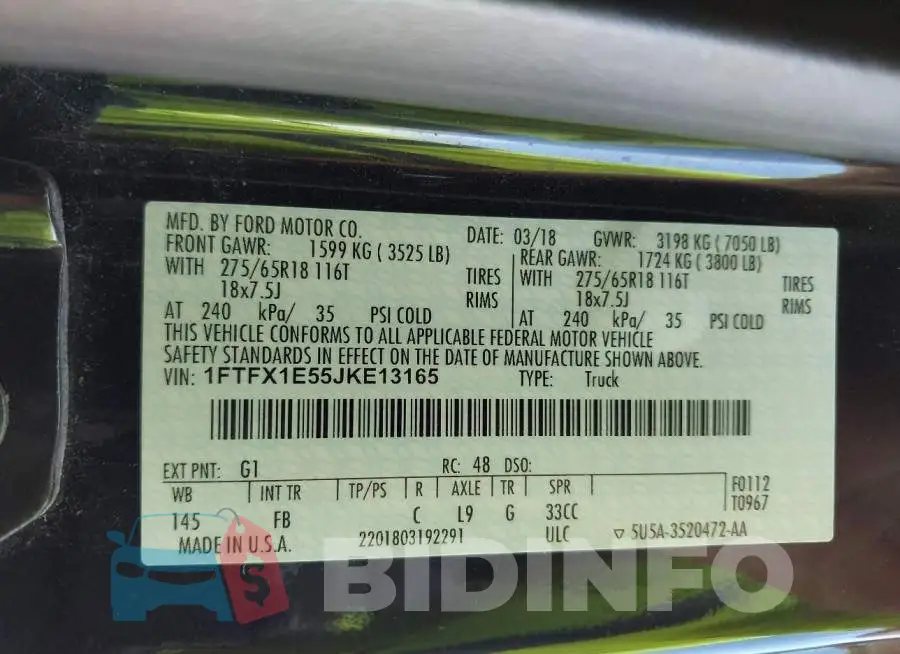 1FTFX1E55JKE13165 Photo# 9