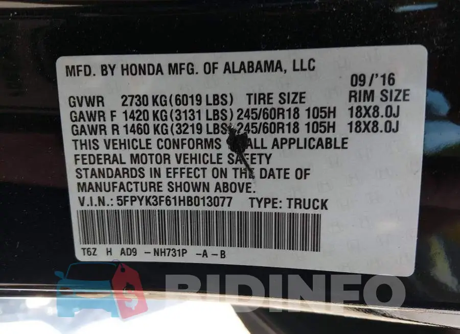 5FPYK3F61HB013077 Photo# 9