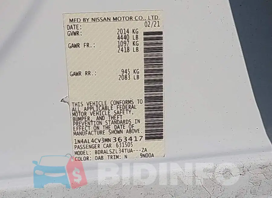 1N4AL4CV3MN363417 Photo# 9