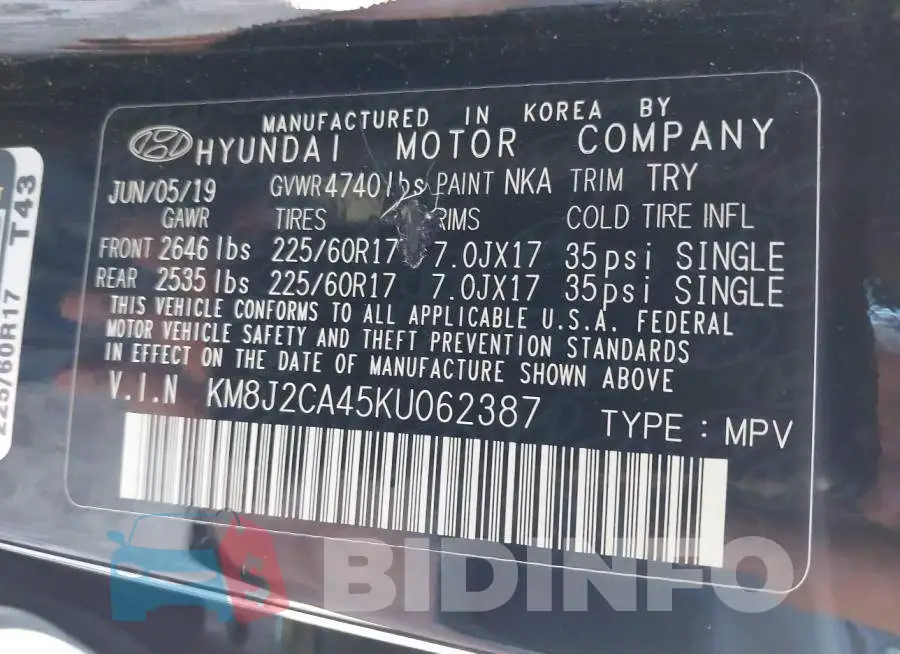 KM8J2CA45KU062387 Photo# 9