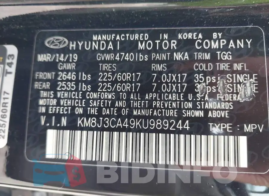 KM8J3CA49KU989244 Photo# 9