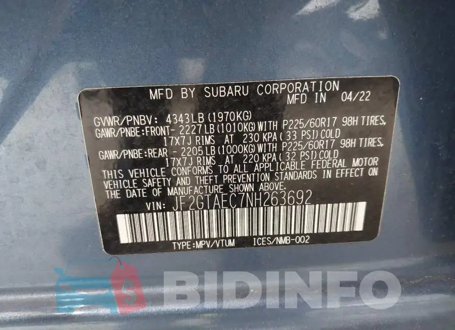 JF2GTAEC7NH263692 Photo# 9