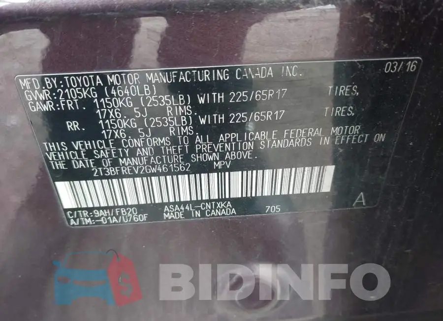 2T3BFREV2GW461562 Photo# 9