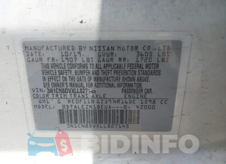3N1CN8DVXLL827145 Photo# 9